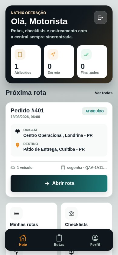 Tela inicial do aplicativo Nathix para motoristas
