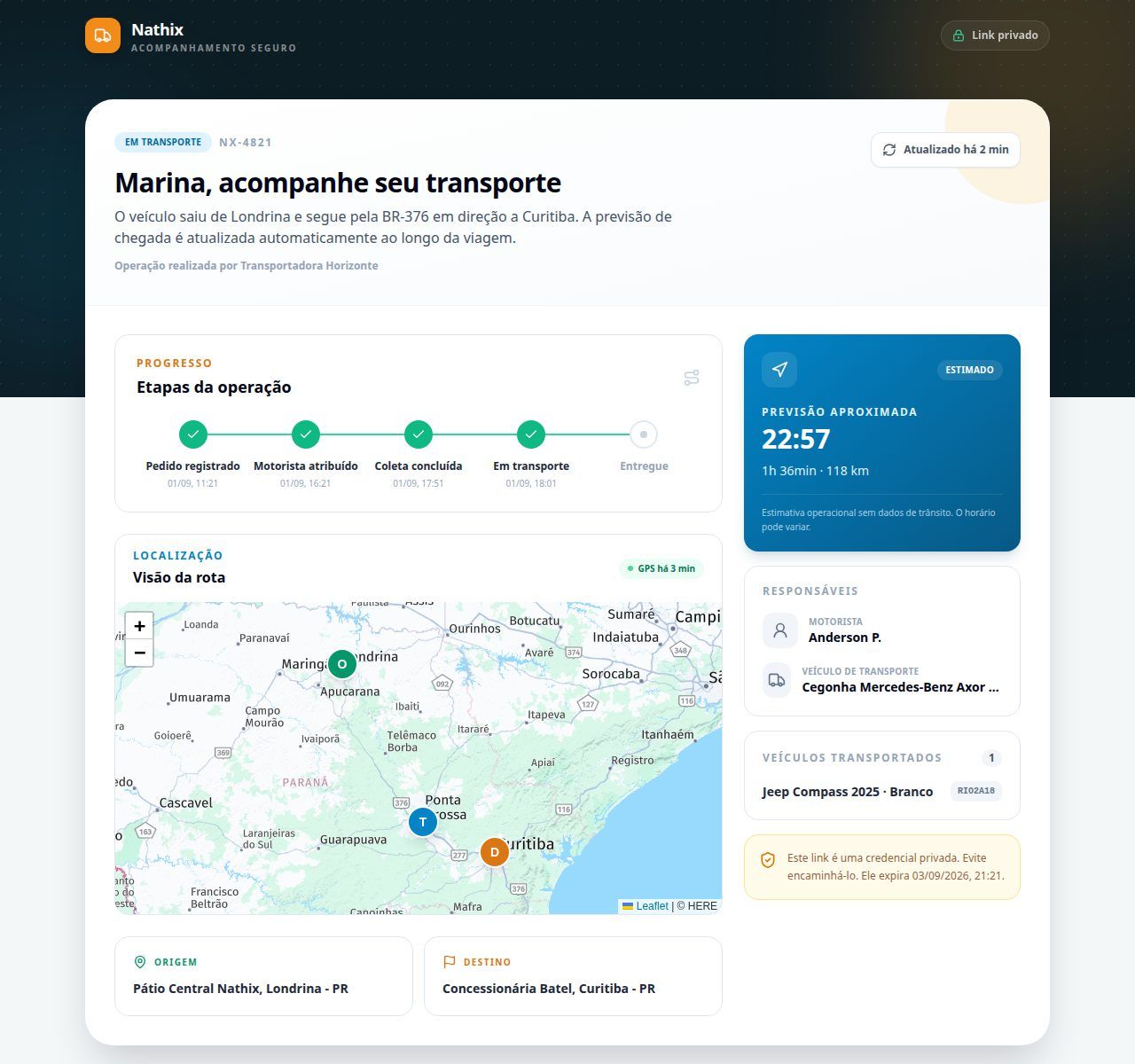 Acompanhamento real do cliente Nathix com etapas e mapa da rota